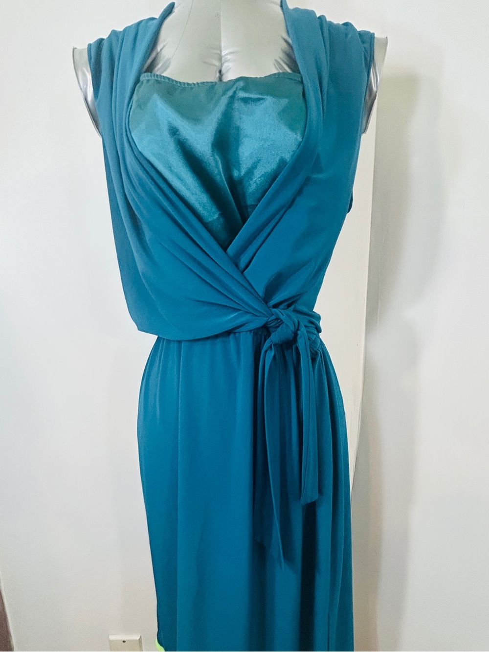 Tahari Teal Wrap Maxi Dress with Side Tie